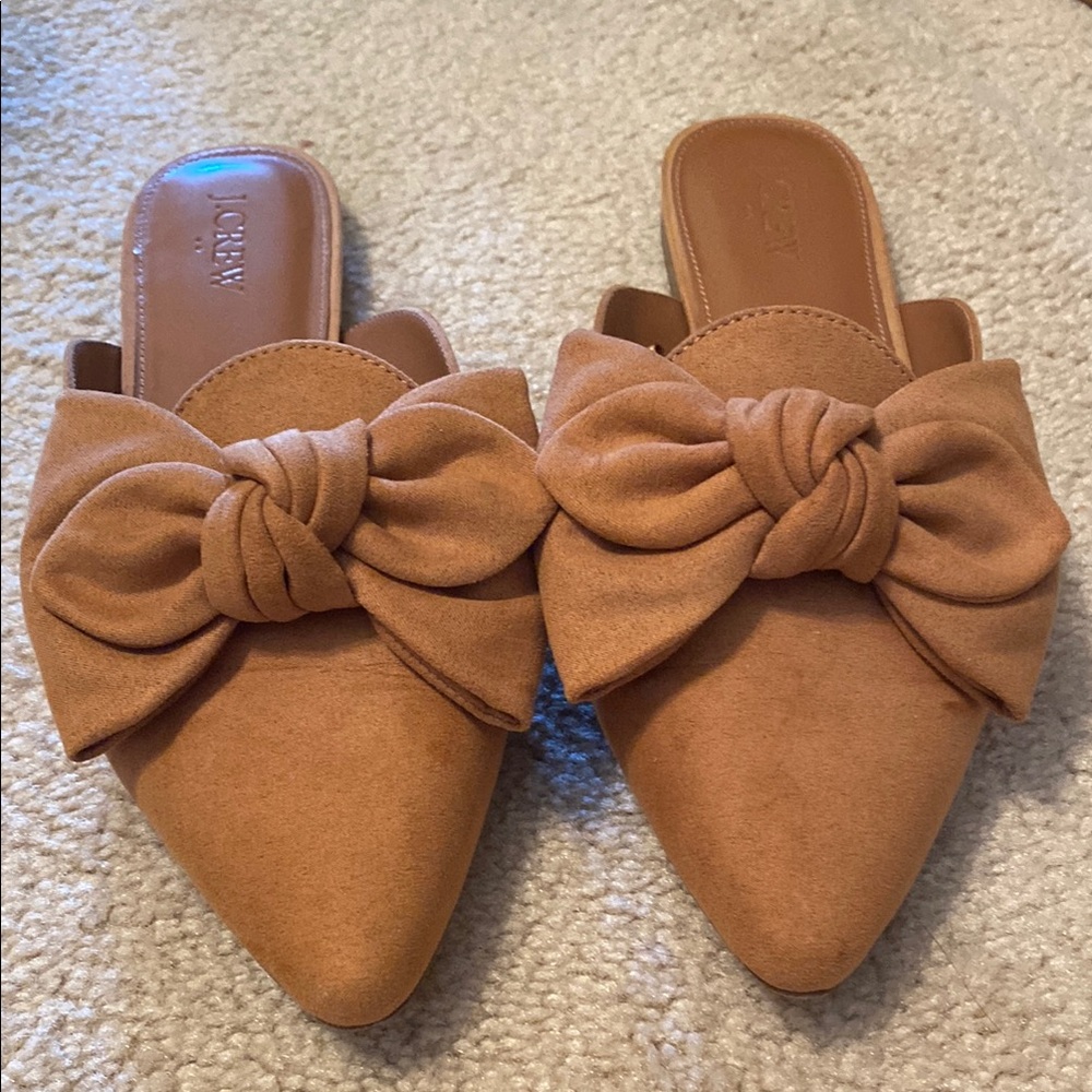 J. Crew Tan Suede Mules with Bow Detail